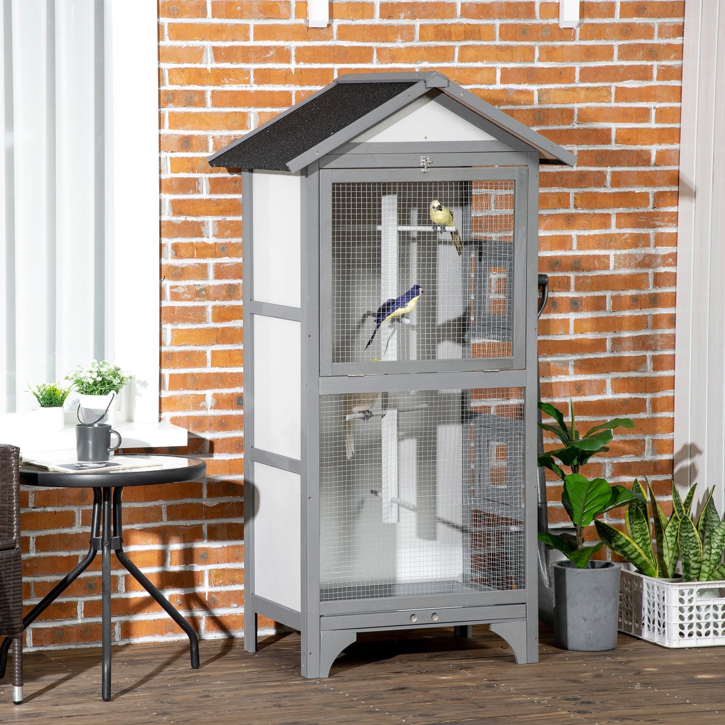 '-PawHut Wooden Outdoor Bird Cage, Featuring a Large Play House with Removable Bottom Tray 4 Perch, Light Grey - Outdoor Style Company