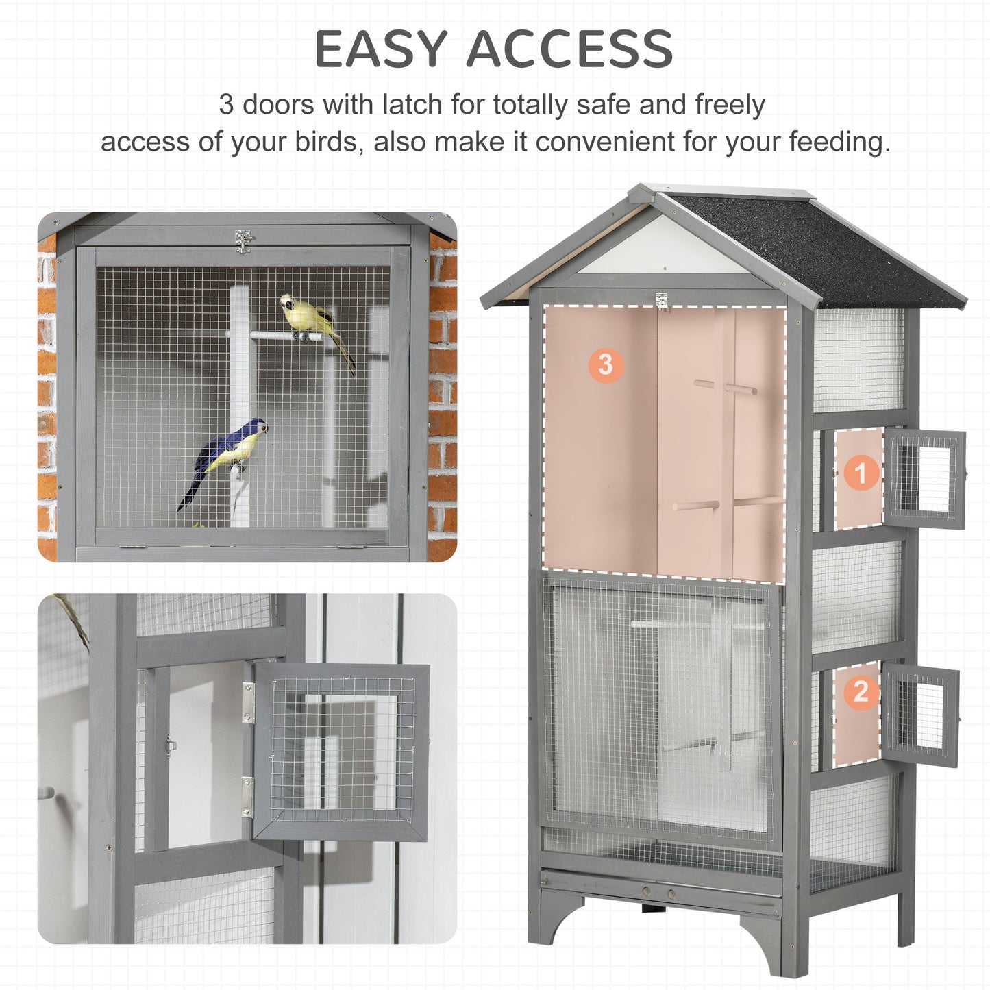 '-PawHut Wooden Outdoor Bird Cage, Featuring a Large Play House with Removable Bottom Tray 4 Perch, Light Grey - Outdoor Style Company