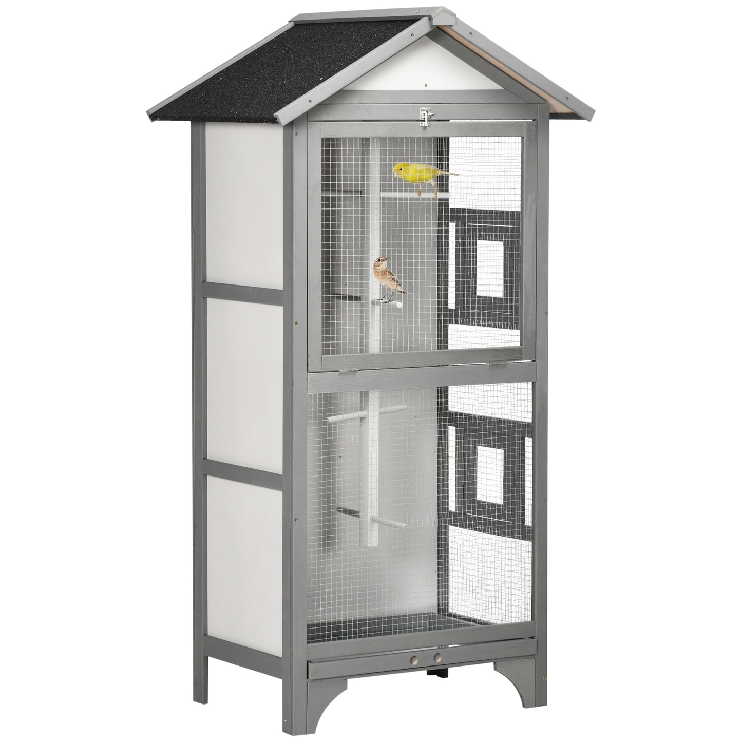 '-PawHut Wooden Outdoor Bird Cage, Featuring a Large Play House with Removable Bottom Tray 4 Perch, Light Grey - Outdoor Style Company