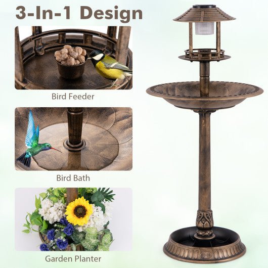  - Pedestal Bird Bath with Solar Light with Bird Feeder and Flower Planter - Outdoor Style Company