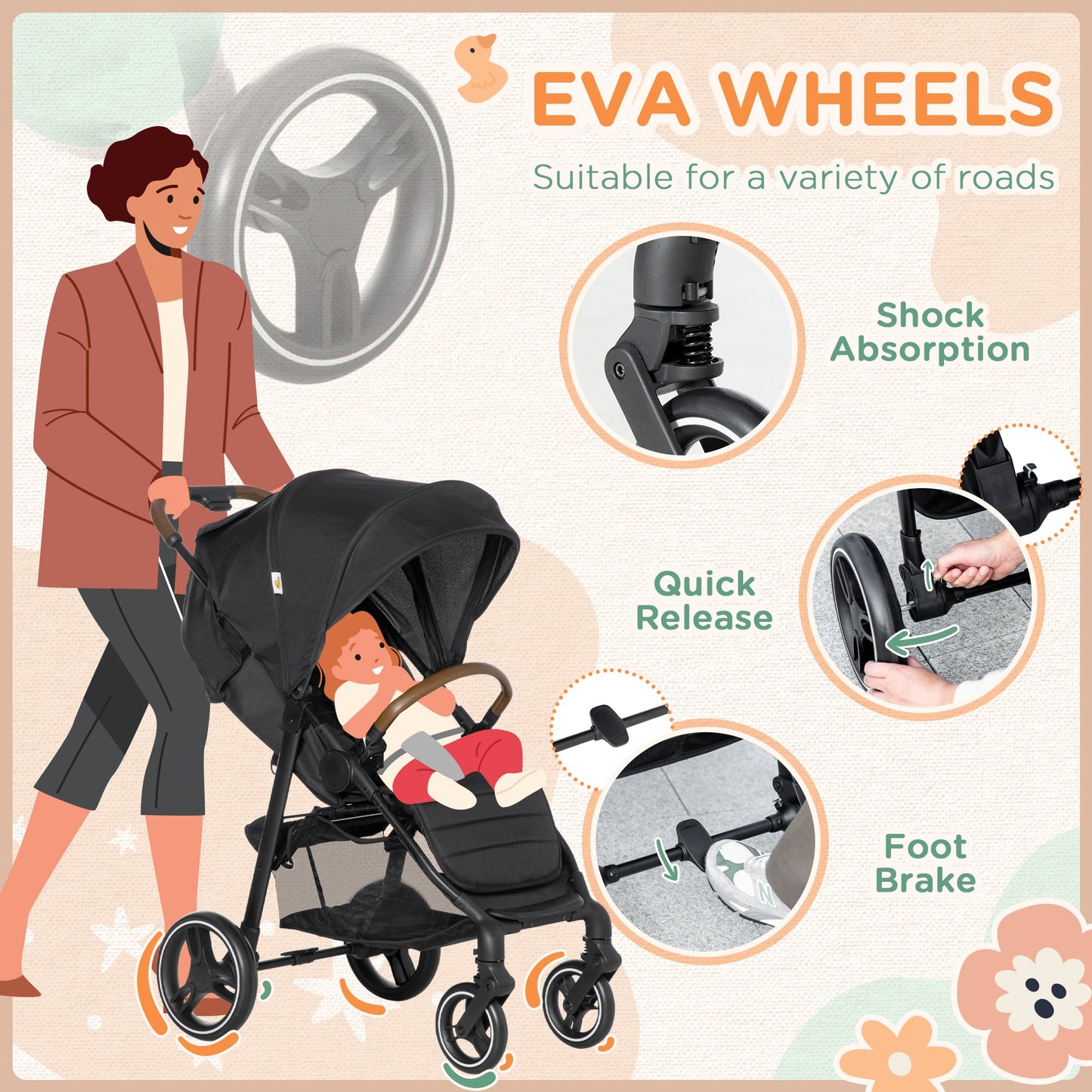 -Qaba Lightweight Baby Stroller, Toddler Travel Stroller with One Hand Fold, Compact Stroller with Storage Basket, All Wheel Suspension, Black - Outdoor Style Company