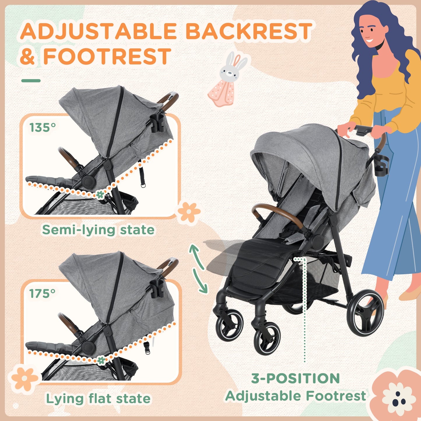 -Qaba Lightweight Baby Stroller, Toddler Travel Stroller with One Hand Fold, Compact Stroller with Storage Basket, Cup Holder, Sun Canopy, Grey - Outdoor Style Company