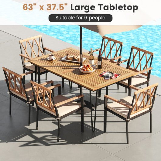  - Rectangular Outdoor Dining Table for 6 People with Acacia Wood Tabletop and Umbrella Hole - Outdoor Style Company