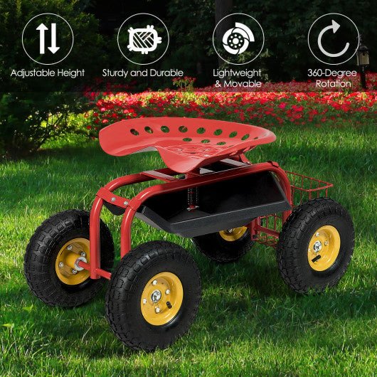  - Red/Green Garden Cart Rolling Work Seat With Heavy Duty Tool Tray Gardening Planting - Outdoor Style Company