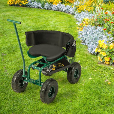  - Rolling Garden Cart with Height Adjustable Swivel Seat and Storage Basket - Outdoor Style Company