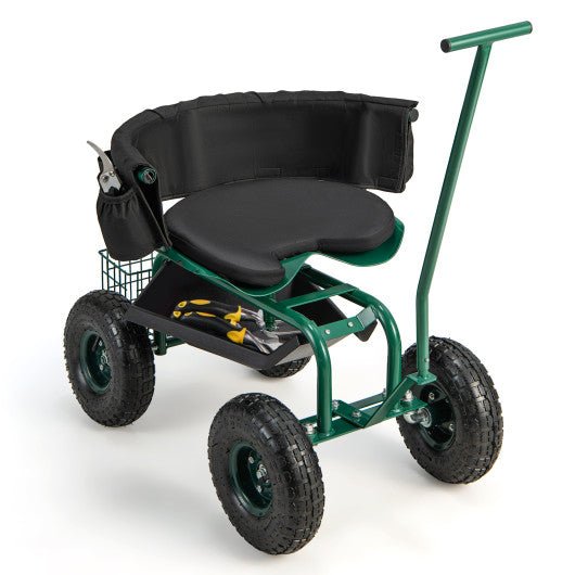  - Rolling Garden Cart with Height Adjustable Swivel Seat and Storage Basket - Outdoor Style Company