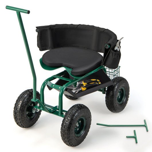  - Rolling Garden Cart with Height Adjustable Swivel Seat and Storage Basket - Outdoor Style Company