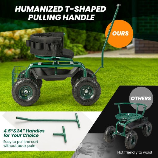  - Rolling Garden Cart with Height Adjustable Swivel Seat and Storage Basket - Outdoor Style Company