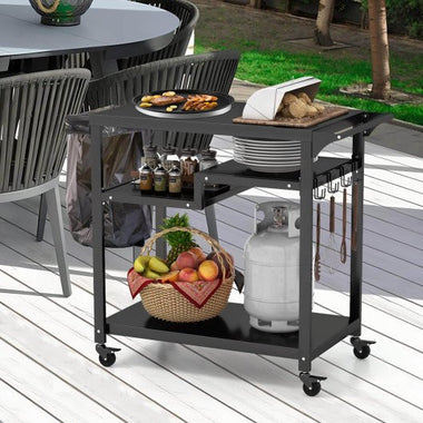  - Rolling Grill Cart 3 - Shelf BBQ Cart with Hooks and Side Handle - Outdoor Style Company