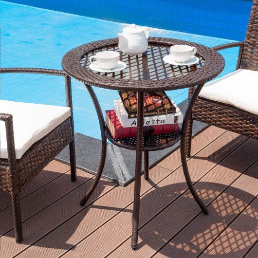  - Round Rattan Wicker Coffee Table with Lower Shelf - Outdoor Style Company