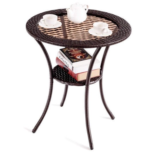  - Round Rattan Wicker Coffee Table with Lower Shelf - Outdoor Style Company