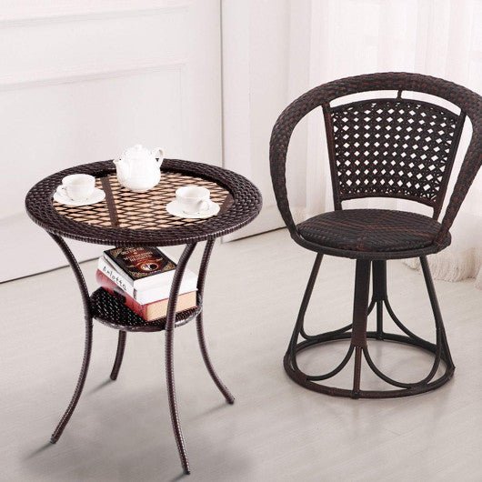  - Round Rattan Wicker Coffee Table with Lower Shelf - Outdoor Style Company