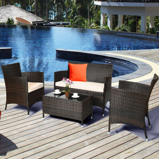 4 Pieces Comfortable Outdoor Rattan Sofa Set with Glass Coffee Table