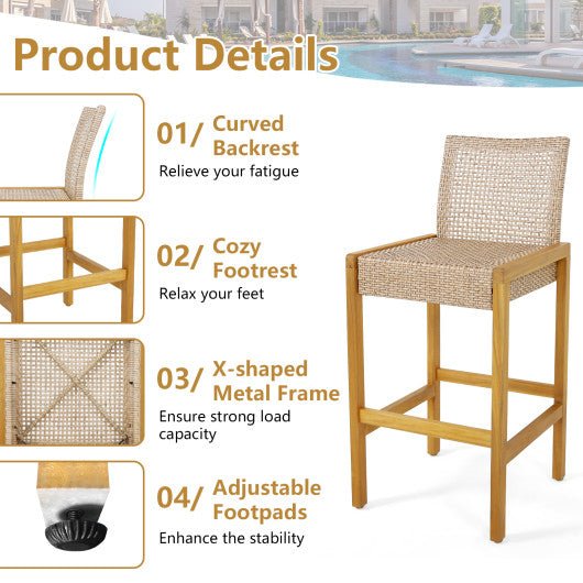  - Set of 2 Rattan Patio Wood Barstools Dining Chairs with Backrest - Set of 2 - Outdoor Style Company