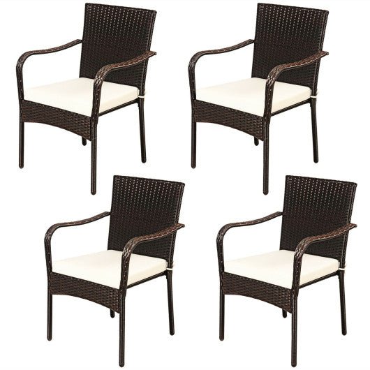  - Set of 4 Patio Rattan Stackable Dining Chair with Cushioned Armrest for Garden - Outdoor Style Company
