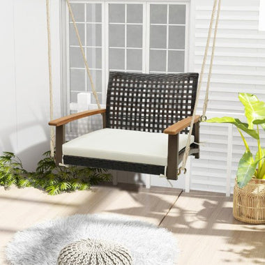  - Single Rattan Porch Swing with Armrests Cushion and Hanging Ropes - Outdoor Style Company