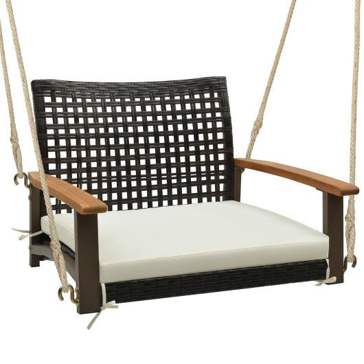  - Single Rattan Porch Swing with Armrests Cushion and Hanging Ropes - Outdoor Style Company