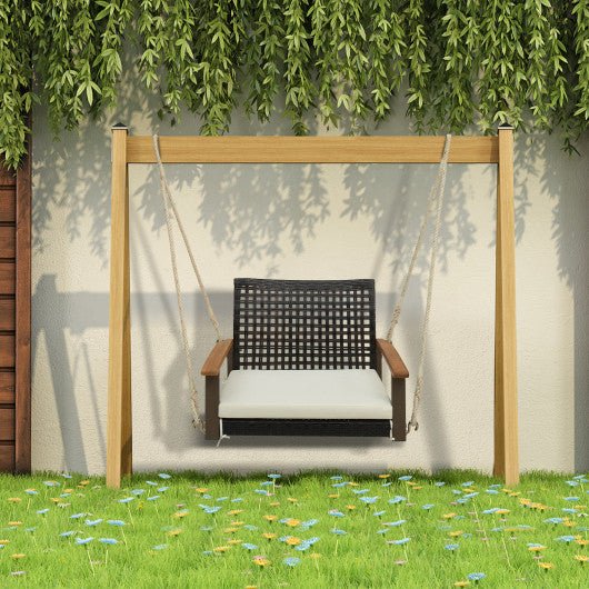  - Single Rattan Porch Swing with Armrests Cushion and Hanging Ropes - Outdoor Style Company