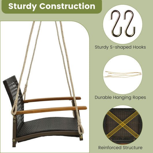  - Single Rattan Porch Swing with Armrests Cushion and Hanging Ropes - Outdoor Style Company