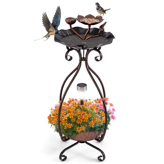  - Solar Outdoor Bird Bath Feeder Combo with Flower Planter Pedestal and Solar Lights - Outdoor Style Company