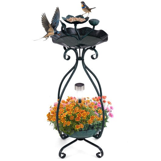  - Solar Outdoor Bird Bath Feeder Combo with Flower Planter Pedestal and Solar Lights - Outdoor Style Company