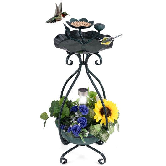  - Solar Outdoor Bird Bath Feeder Combo with Flower Planter Pedestal and Solar Lights - Outdoor Style Company