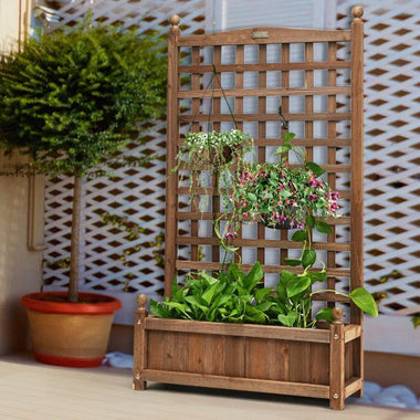  - Solid Free Standing Wood Planter Box with Trellis for Garden - Outdoor Style Company