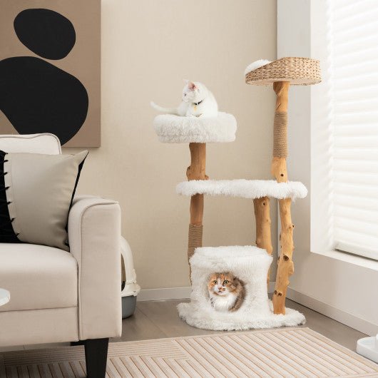  - Solid Wood Cat Tower with Top Cattail Basket Cat Bed for Indoor Cats - Outdoor Style Company