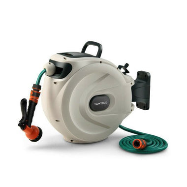  - Wall Mounted Retractable Garden Hose Reel with Hose Nozzle and Auto Rewind - Outdoor Style Company