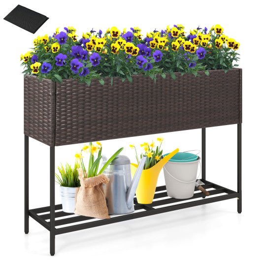  - Wicker Raised Garden Bed with Storage Shelf and Drainage Gaps for Flowers - Outdoor Style Company