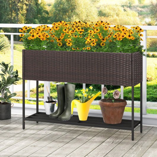  - Wicker Raised Garden Bed with Storage Shelf and Drainage Gaps for Flowers - Outdoor Style Company