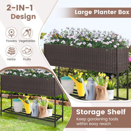  - Wicker Raised Garden Bed with Storage Shelf and Drainage Gaps for Flowers - Outdoor Style Company