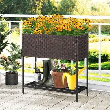  - Wicker Raised Garden Bed with Storage Shelf and Removable Liner for Flowers - Outdoor Style Company