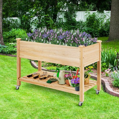  - Wood Elevated Planter Bed with Lockable Wheels Shelf and Liner - Outdoor Style Company