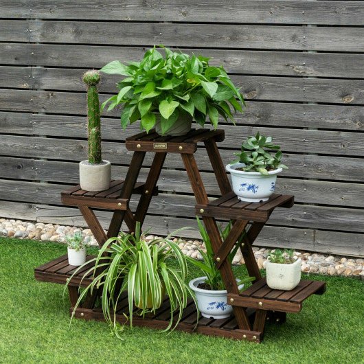  - Wood Plant Stand Triangular Shelf 6 Pots Flower Shelf - Outdoor Style Company