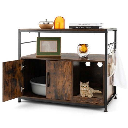  - Wooden Cat Box Cabinet with with Metal Frame and Scratching Pad - Rustic Brown - Outdoor Style Company