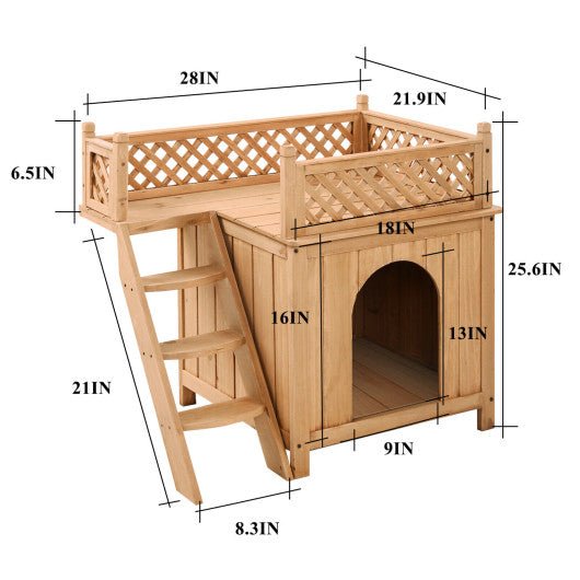  - Wooden Dog House with Stairs and Raised Balcony for Puppy and Cat - Outdoor Style Company