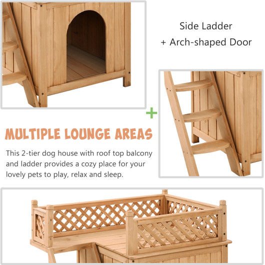  - Wooden Dog House with Stairs and Raised Balcony for Puppy and Cat - Outdoor Style Company