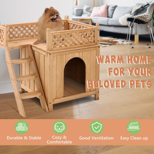  - Wooden Dog House with Stairs and Raised Balcony for Puppy and Cat - Outdoor Style Company