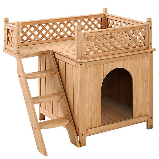  - Wooden Dog House with Stairs and Raised Balcony for Puppy and Cat - Outdoor Style Company