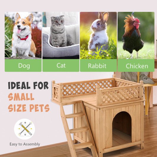  - Wooden Dog House with Stairs and Raised Balcony for Puppy and Cat - Outdoor Style Company