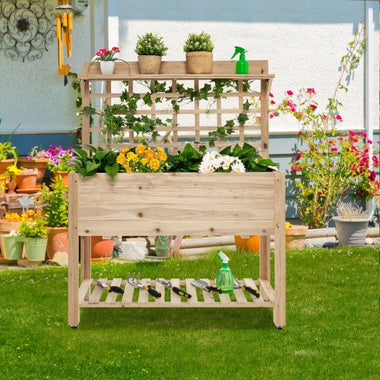  - Wooden Raised Garden Bed with Wheels Trellis and Storage Shelf - Outdoor Style Company