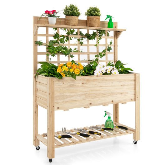  - Wooden Raised Garden Bed with Wheels Trellis and Storage Shelf - Outdoor Style Company