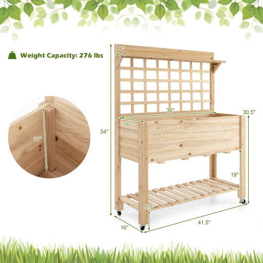  - Wooden Raised Garden Bed with Wheels Trellis and Storage Shelf - Outdoor Style Company