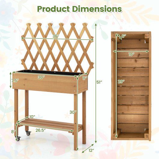  - Wooden Rolling Raised Garden Bed with Trellis and Storage Shelf - Outdoor Style Company