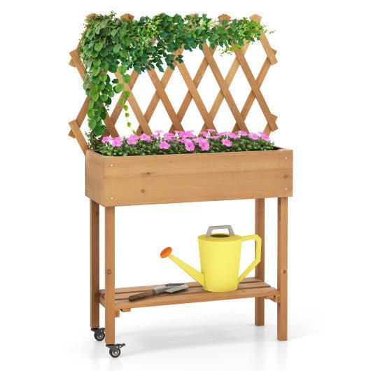  - Wooden Rolling Raised Garden Bed with Trellis and Storage Shelf - Outdoor Style Company