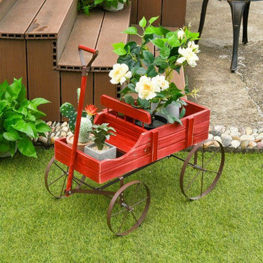  - Wooden Wagon Plant Bed With Wheel for Garden Yard - Red - Outdoor Style Company