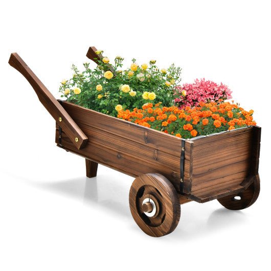  - Wooden Wagon Planter Box with Wheels Handles and Drainage Hole - Rustic Brown - Outdoor Style Company