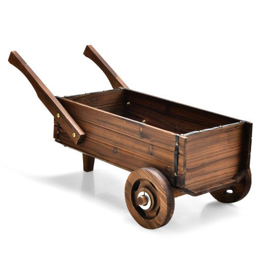  - Wooden Wagon Planter Box with Wheels Handles and Drainage Hole - Rustic Brown - Outdoor Style Company