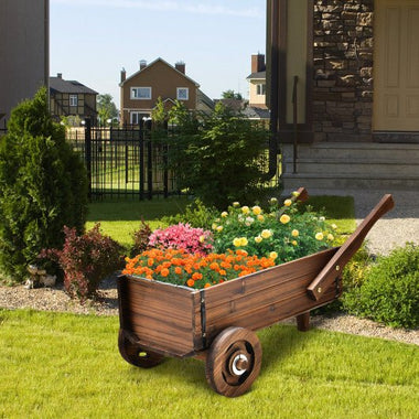  - Wooden Wagon Planter Box with Wheels Handles and Drainage Hole - Rustic Brown - Outdoor Style Company